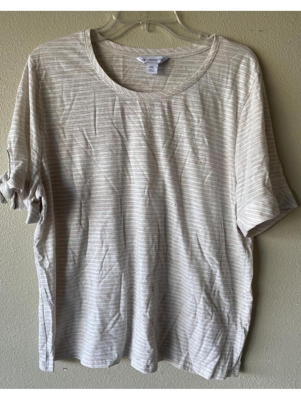 liz claiborne xxl top Ivory silver stripes, short sleeve plus Free shipping ivor